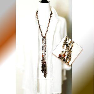 Lariat Necklace Smoky Quartz Carnelian MOP Pearl Gemstones Tassels 53" Length